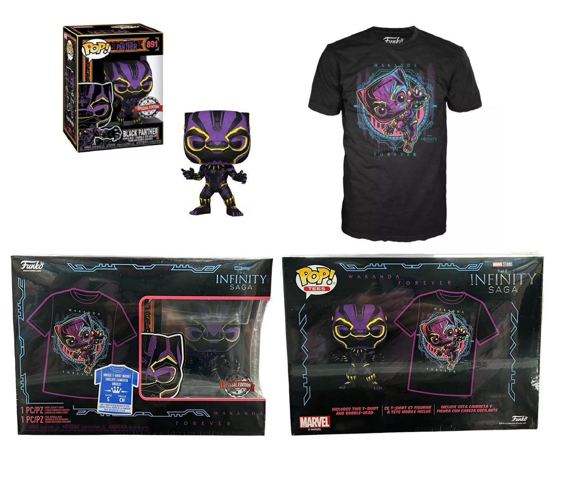Authentic WAKANDA FOREVER (Black Light) Funko Pop & T-shirt BLACK PANTHER Target Exclusive with (SPECIAL EDITION) Sticker! Size SMALL